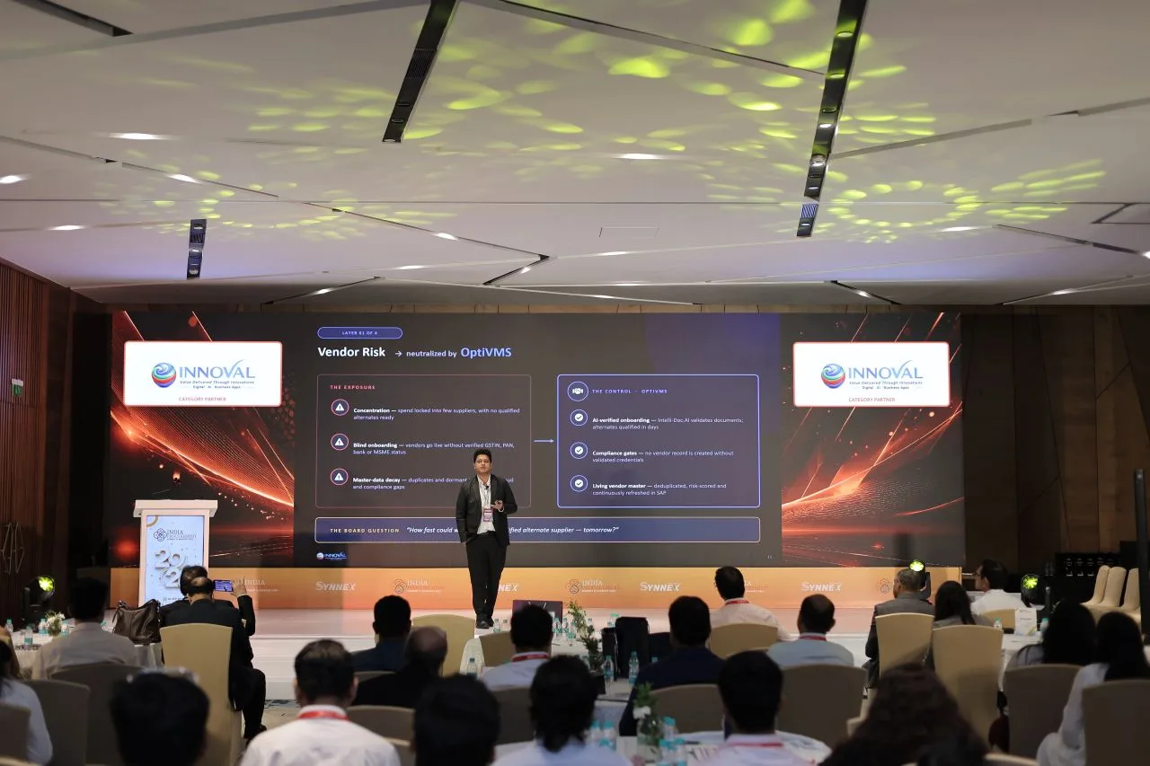 Sumeet Gupta presenting the vendor-risk layer and OptiVMS at India Procurement Summit 2026